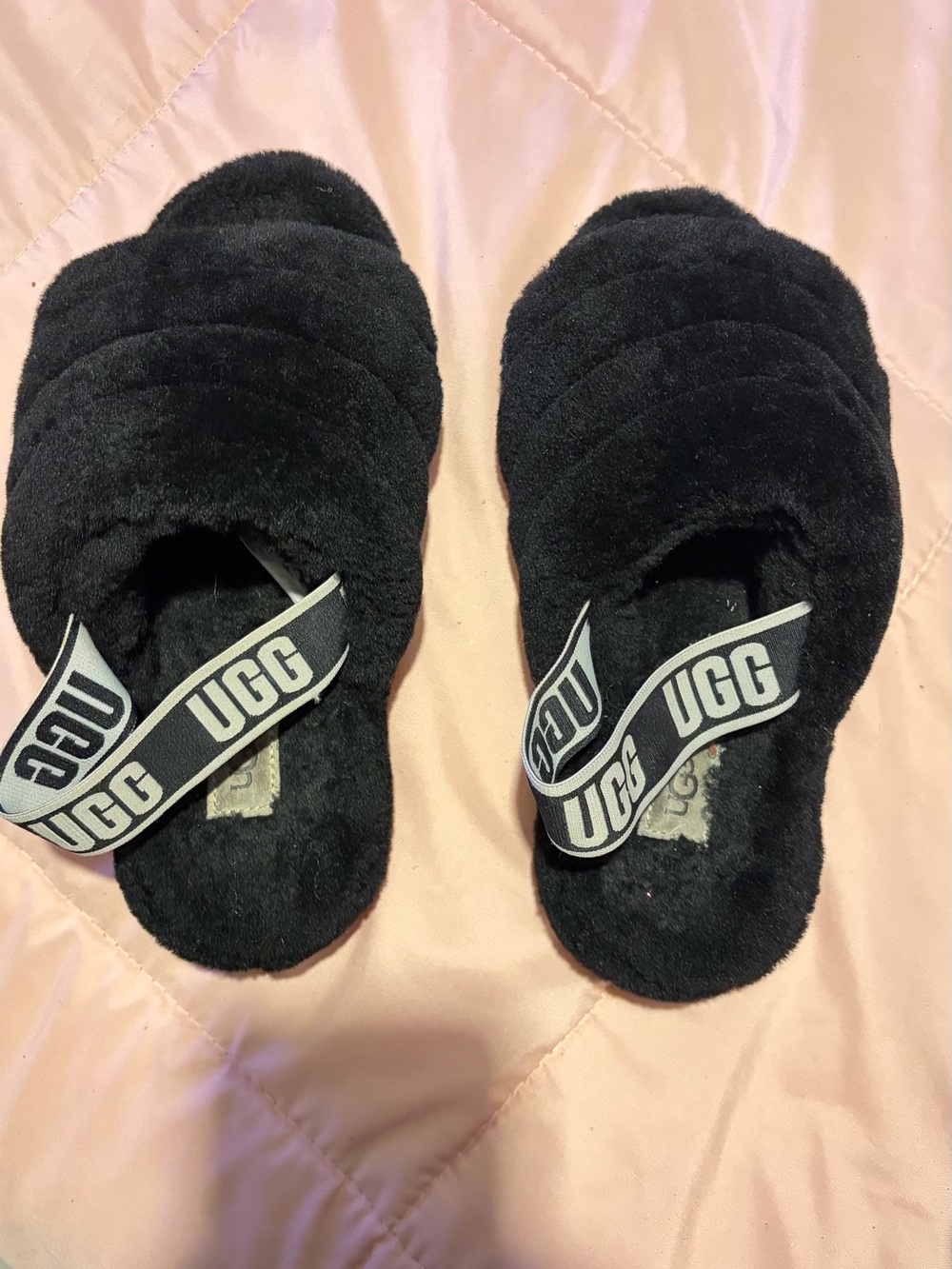 UGG Fluff Slide Slippers Black with Logo Elastic Strap